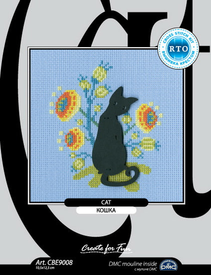 Cat CBE9008 Cross stitch kit featuring light blue Aida canvas, DMC threads, and a plywood form for display.